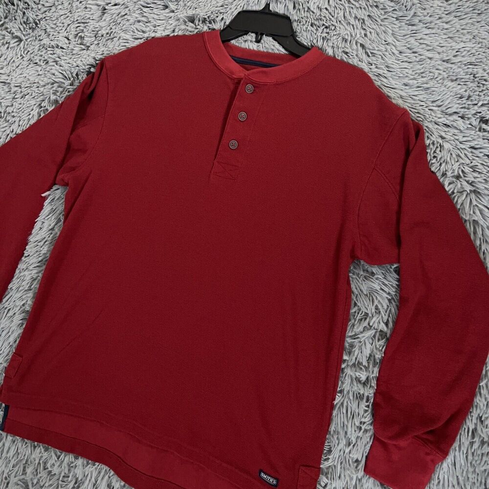 Smiths Workwear Shirt Large Red Henley Thermal Waffle Knit Pullover Mens